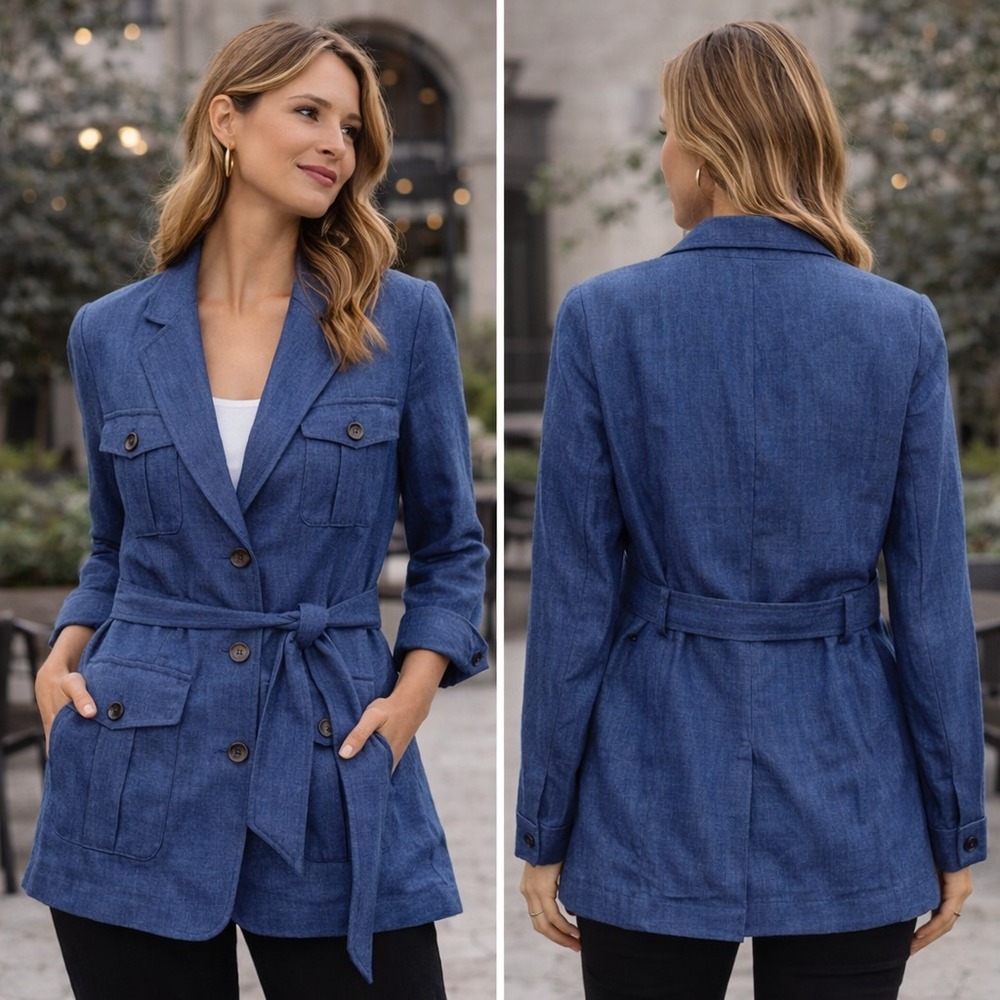 Banana Republic Jacket Womens 4 Blue Linen Heritage Utility Belted Safari
